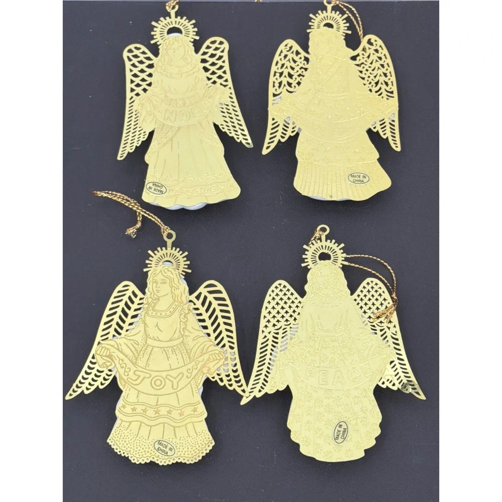 Vtg Porcelain Metal Angel Ornaments Set of 4 Noel Joy Peace Merry Christmas